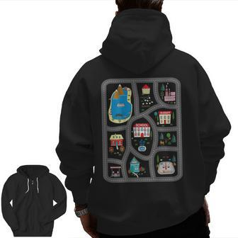Play Cars On Dad's Back Mat Road Car Race Track Cars Zip Up Hoodie Back Print | Mazezy