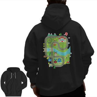 Play Toy Train On Dad's Back Play Mat Train Track For Dad Zip Up Hoodie Back Print | Mazezy
