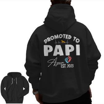 Promoted To Papi Est 2023 First Time Dad Father's Day Zip Up Hoodie Back Print | Mazezy