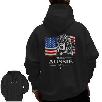 Proud Aussie Shepherd Dad American Flag Patriotic Dog Zip Up Hoodie Back Print | Mazezy