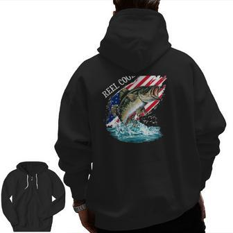 Reel Cool Papa American Flag Fishing Father's Day Zip Up Hoodie Back Print | Mazezy
