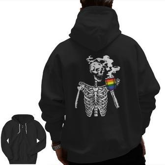 Skeleton Drinking Coffee Gay Pride Skull Lgbt-Q Ally Zip Up Hoodie Back Print | Mazezy