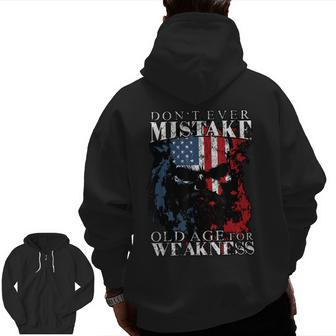 Skull American Flag Don't Ever Mistake Old Age For Weakness Zip Up Hoodie Back Print | Mazezy