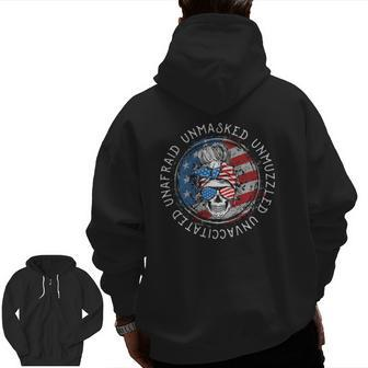 Skull Unafraid Unmasked Unmuzzled Unvaccinated 4Th Of July Zip Up Hoodie Back Print | Mazezy