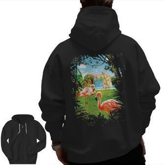 Summer In Paradise With Exotic Pink Flamingos Zip Up Hoodie Back Print | Mazezy