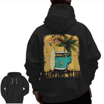 Surfing Summer Beach Hippie Van Bus Surfboard Palm Tree Zip Up Hoodie Back Print | Mazezy