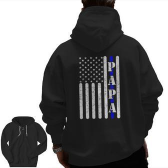 Thin Blue Line Papa Vintage Police American Flag Father's Day Zip Up Hoodie Back Print | Mazezy AU