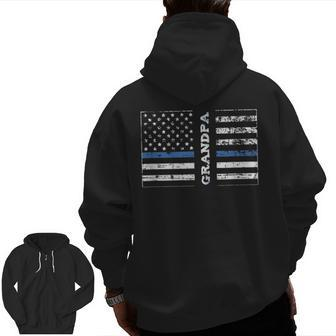 Thin Blue Line United States Flag Police Grandpa Zip Up Hoodie Back Print | Mazezy