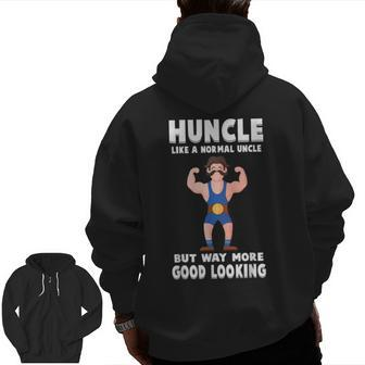 Uncle Huncle Mustache Bodybuilder Gym Workout Zip Up Hoodie Back Print | Mazezy