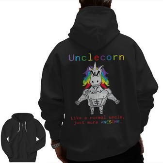 Unclecorn Unicorn With Muscle Normal Uncle Just Awesome Zip Up Hoodie Back Print | Mazezy