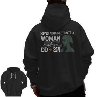 Never Underestimate A Woman With A Dd214 Veterans Day Zip Up Hoodie Back Print | Mazezy