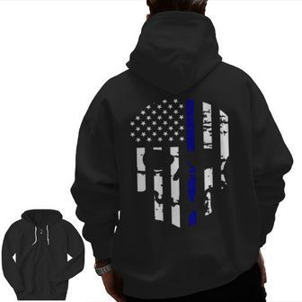 Usa Police Flag Skull Thin Blue Line Distressed Tee Zip Up Hoodie Back Print | Mazezy