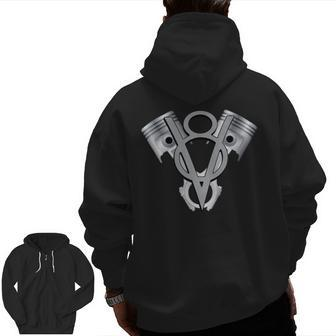 V8 Engine American Muscle Car Zip Up Hoodie Back Print | Mazezy
