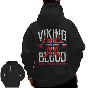 Viking Blood Skull Norwegian Flag Pride Norway Premium Zip Up Hoodie Back Print | Mazezy