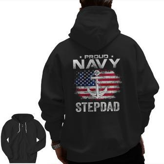 Vintage Proud Navy Stepdad With American Flag Veteran Zip Up Hoodie Back Print | Mazezy AU