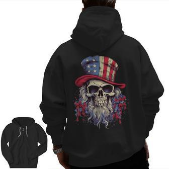 Vintage Skull American Flag Hat 4Th Of July Patriotic Men Patriotic Zip Up Hoodie Back Print | Mazezy