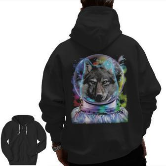 Wolf As Astronaut Exploring Galaxy Space Zip Up Hoodie Back Print | Mazezy