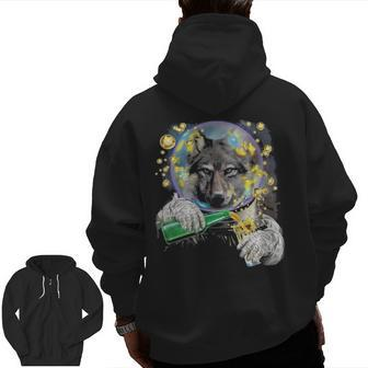 Wolf As Astronaut In Space Enjoying Drink Zip Up Hoodie Back Print | Mazezy