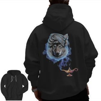 Wolf As Magical Wizard Zip Up Hoodie Back Print | Mazezy