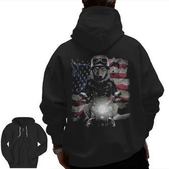 Wolf Motorbike With Flag Of Usa Zip Up Hoodie Back Print | Mazezy