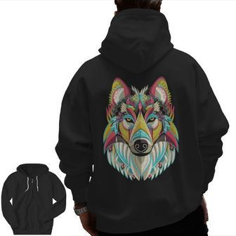 Wolf Native American Geometrical Art Colorful Zip Up Hoodie Back Print | Mazezy