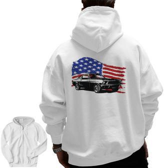 American Muscle Car With Flying American Flag For Car Lovers Zip Up Hoodie Back Print | Mazezy