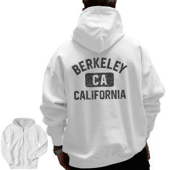 Berkeley California Gym Style Black W Distressed Black Print Zip Up Hoodie Back Print | Mazezy