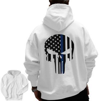 Blue Line American Skull Flag Support Police Zip Up Hoodie Back Print | Mazezy
