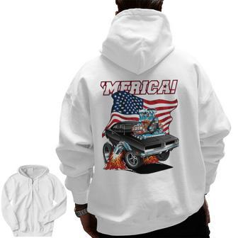 Merica Patriotic Classic Hot Rod Muscle Car Usa Flag Zip Up Hoodie Back Print | Mazezy DE