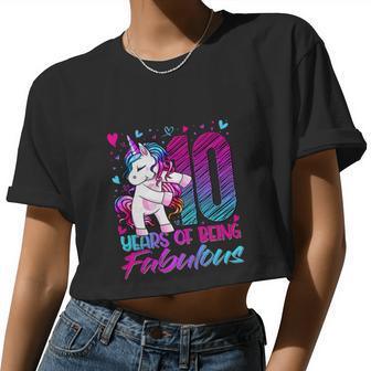 10Th Birthday 10 Year Old Girl Flossing Unicorn Party Women Cropped T-shirt - Monsterry