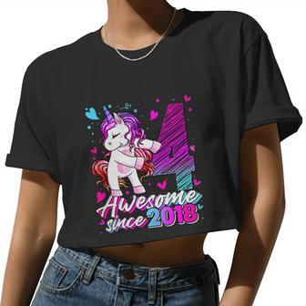 4 Years Old Unicorn Flossing 4Th Birthday Girl Women Cropped T-shirt - Monsterry