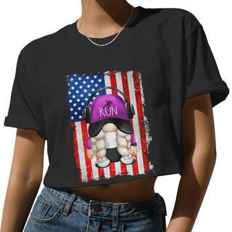 4Th Of July Running Gnome For Women Patriotic American Flag Women Cropped T-shirt - Monsterry