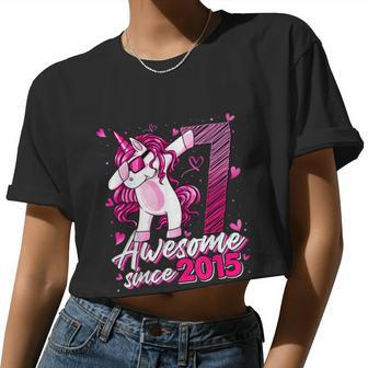 7 Years Old Unicorn Dabbing 7Th Birthday Girl Unicorn Party Women Cropped T-shirt - Monsterry