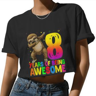 8 Years Old Birthday Sloth Dabbing 8Th Birthday Sloth Women Cropped T-shirt - Monsterry