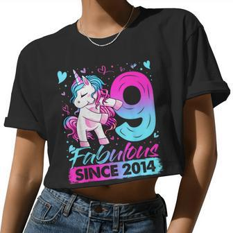 9 Years Old Flossing Unicorn 9Th Birthday Girl Party Women Cropped T-shirt - Monsterry