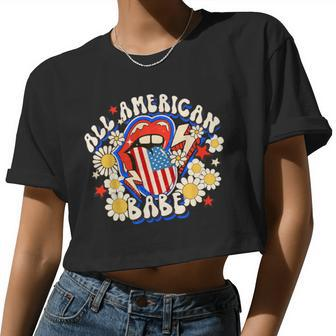 All American Retro Flower Babe 4Th Of July Usa Lip Patriotic Women Cropped T-shirt - Monsterry