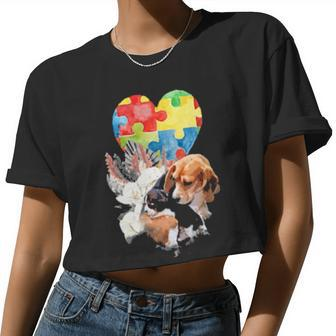 Autism Awareness Mommy Dog With Baby Puppy Puzzle Heart Love Women Cropped T-shirt - Monsterry AU