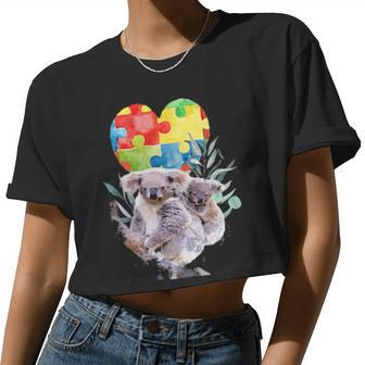 Autism Awareness Mommy Koala Bear With Baby Puzzle Heart Women Cropped T-shirt - Monsterry