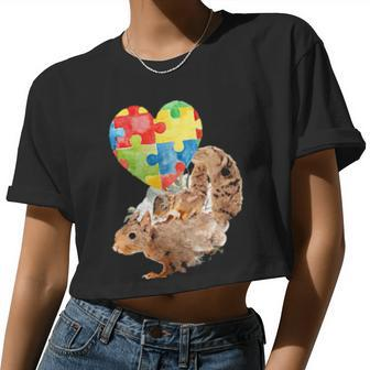 Autism Awareness Mommy Squirrel With Baby Puzzle Heart Love Women Cropped T-shirt - Monsterry