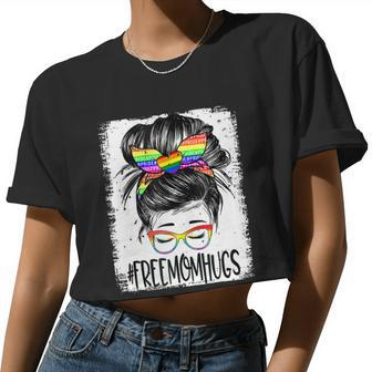 Bleached Free Mom Hugs Messy Bun Lgbt Pride Rainbow Women Cropped T-shirt - Monsterry AU