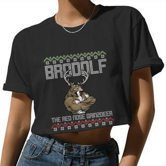 Brodolf Gains Reindeer Gym Ugly Christmas Lifter Women Cropped T-shirt - Monsterry