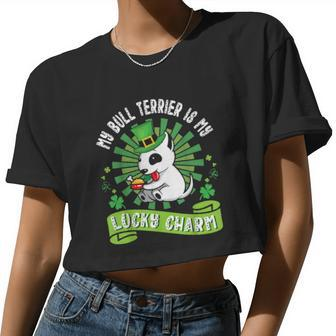 My Bull Terrier Dog Is My Lucky Charm Patrick Day Dad Mom Women Cropped T-shirt - Monsterry