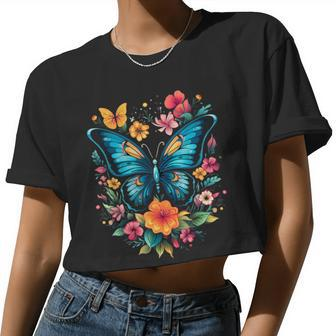 Butterfly With Flowers I Aesthetic Butterfly Women Cropped T-shirt - Monsterry UK