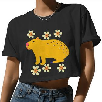 Capybara Flower Lovers Animal Pet Cute Cartoon Comic Women Cropped T-shirt - Monsterry