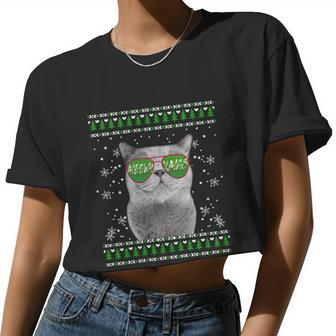 Cat With Sunglasses Meowy Ugly Christmas Sweater Women Cropped T-shirt - Monsterry UK