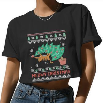 Cat Ugly Christmas Meowy For Christmas Cats Lover Women Cropped T-shirt - Monsterry