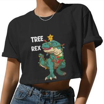Christmas Dinosaur Tree Rex Pajamas Xmas Lights Women Cropped T-shirt - Monsterry