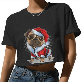 Christmas Pug Dog Wearing Santa Women Cropped T-shirt - Monsterry