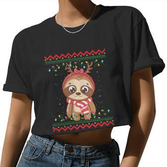 Christmas Sloth Merry Women Girls Kids Men Pajamas Women Cropped T-shirt - Monsterry