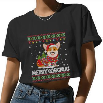 Corgi Dog Merry Corgmas Santa Corgi Ugly Christmas Sweater V2 Women Cropped T-shirt - Monsterry
